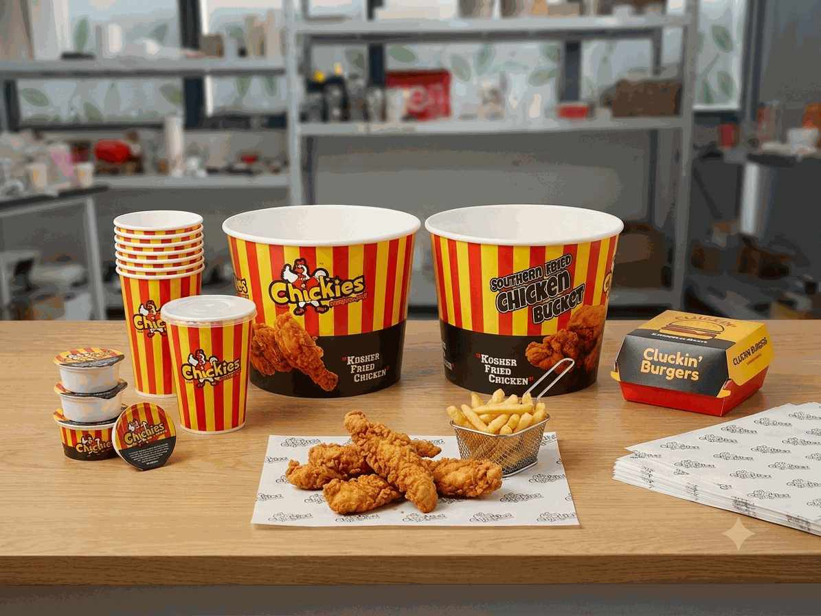 Custom printed restaurant takeout packaging displayed at counter