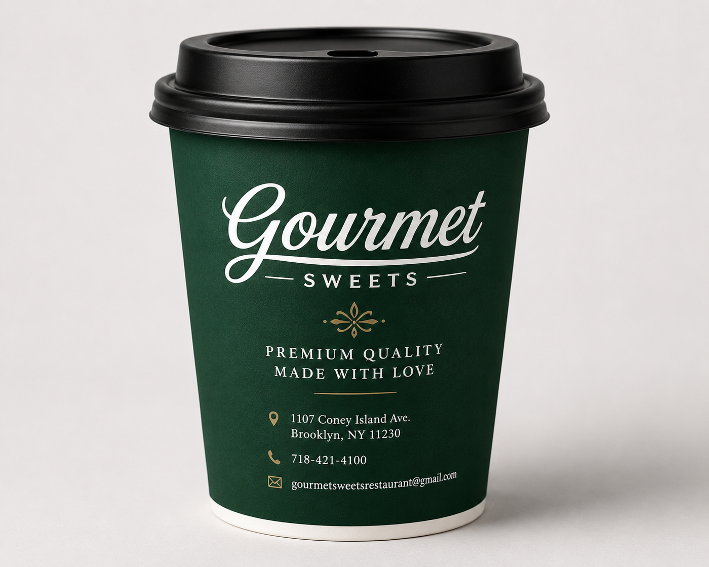 Custom printed gourmet coffee cup with branded sleeve