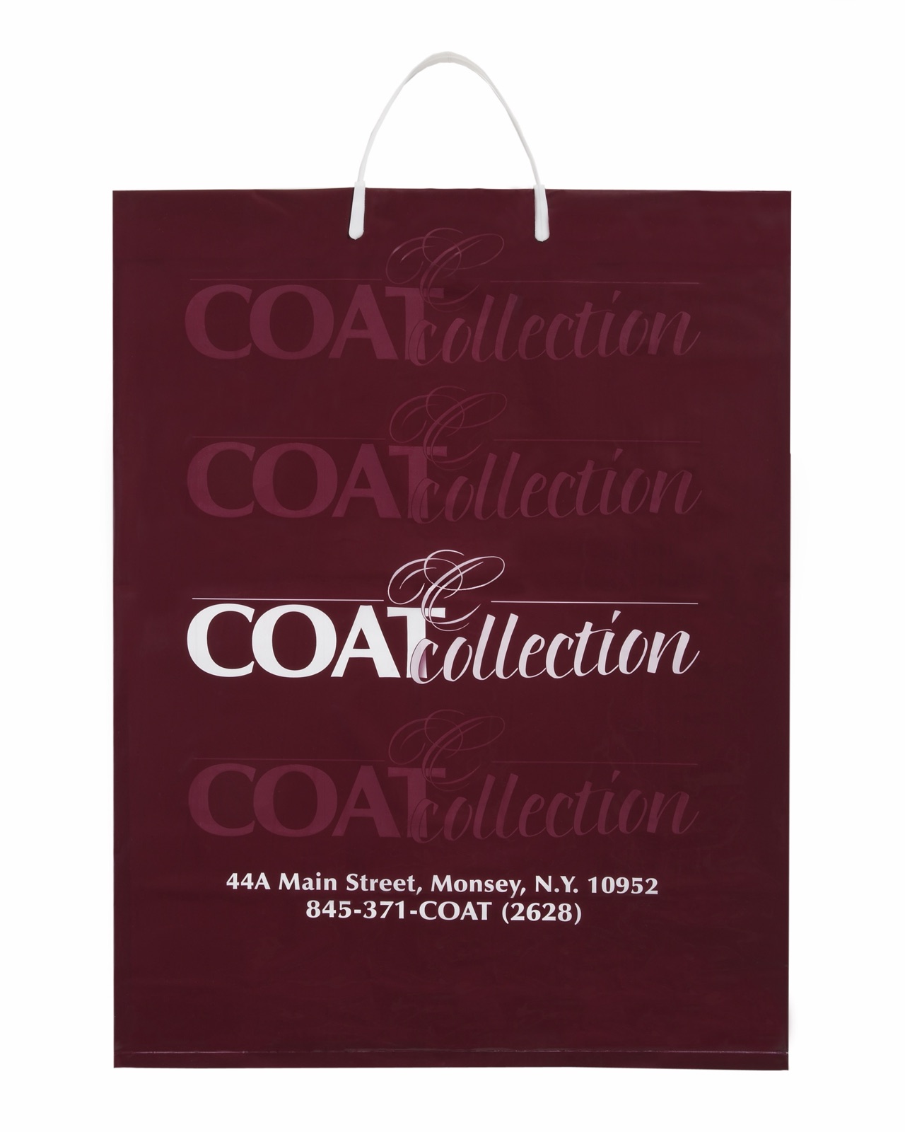 Custom printed plastic bag with rigid handles for a clothing retailer