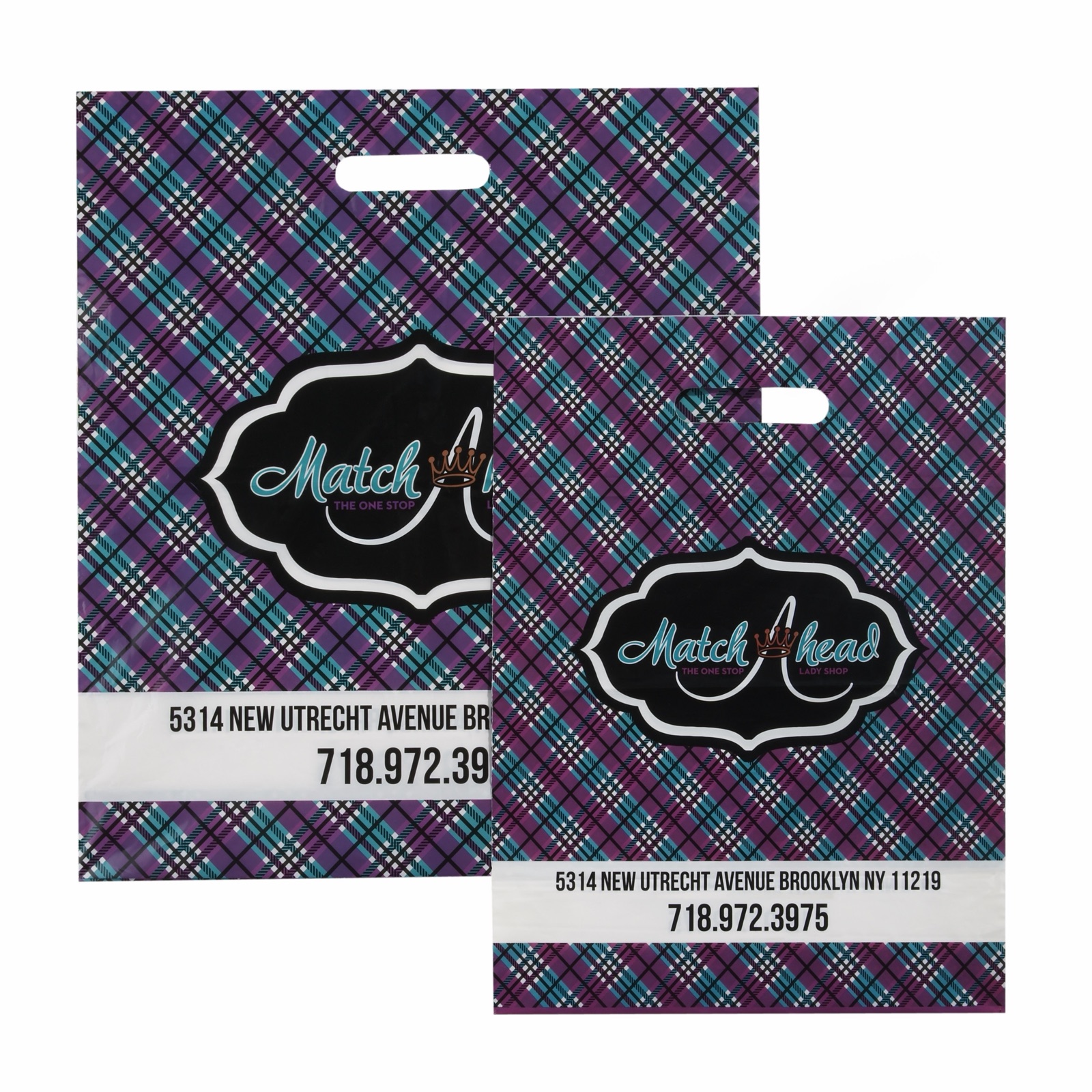 Custom printed plastic bag with an all-over plaid pattern, shown in two sizes