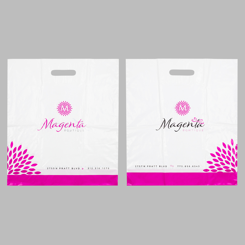 Patch handle plastic bag printed on two sides in different colors