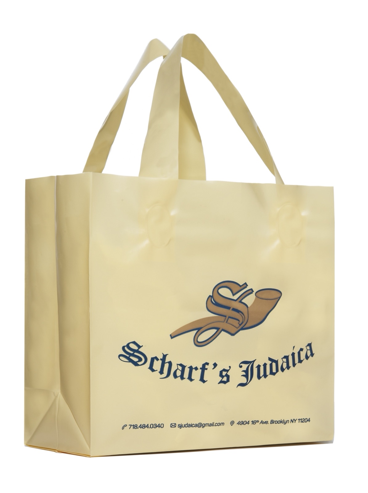 Custom printed plastic bag with soft loop handles for a specialty retailer