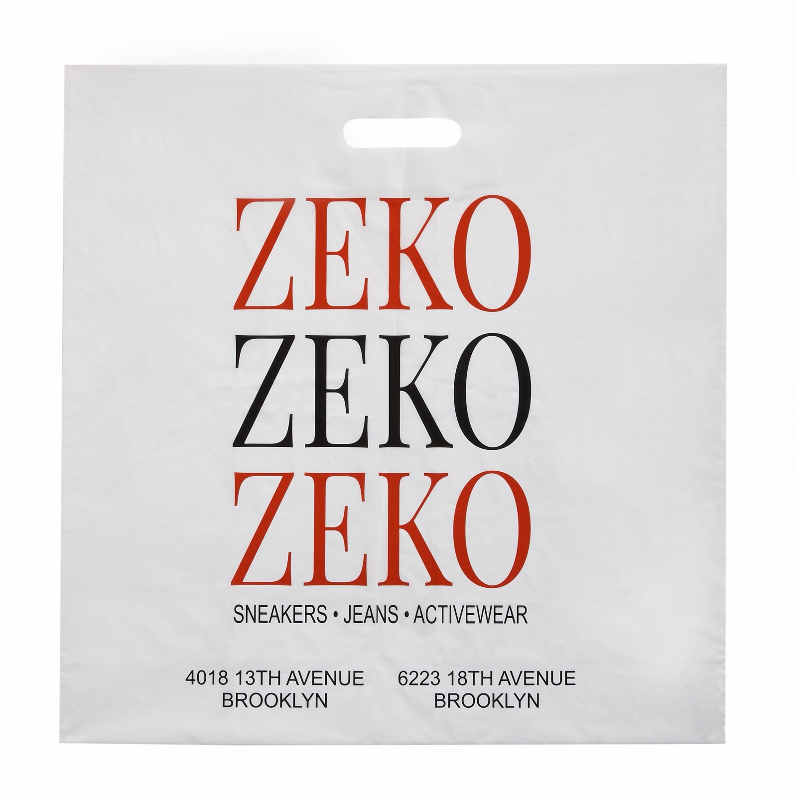 Custom printed plastic bag with bold type for an apparel and footwear retailer