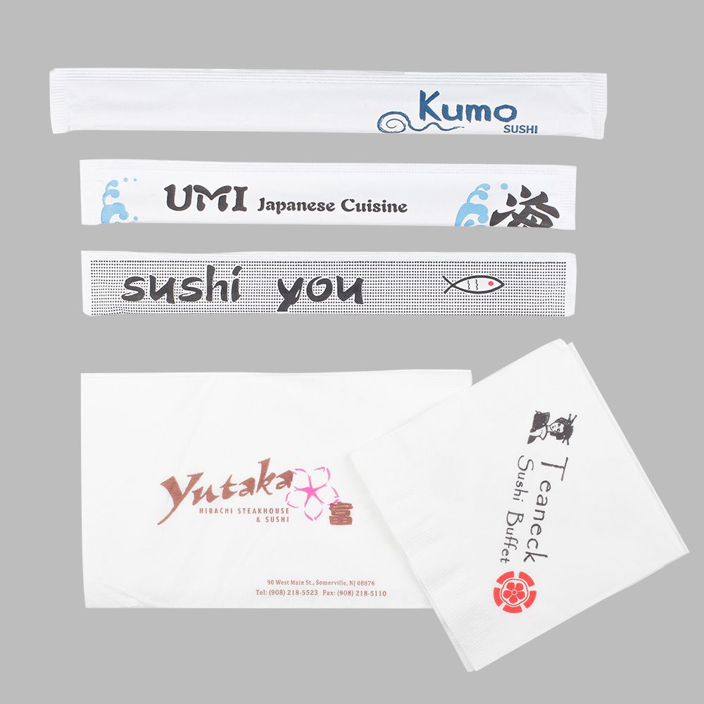 Custom printed dinner and bar napkins and sushi chopstick sleeves