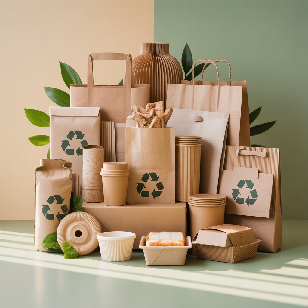 Custom printed kraft packaging — bags, cups and food containers — arranged in a studio setting
