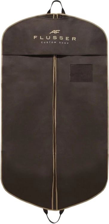 Custom printed garment bag hanging on a rack