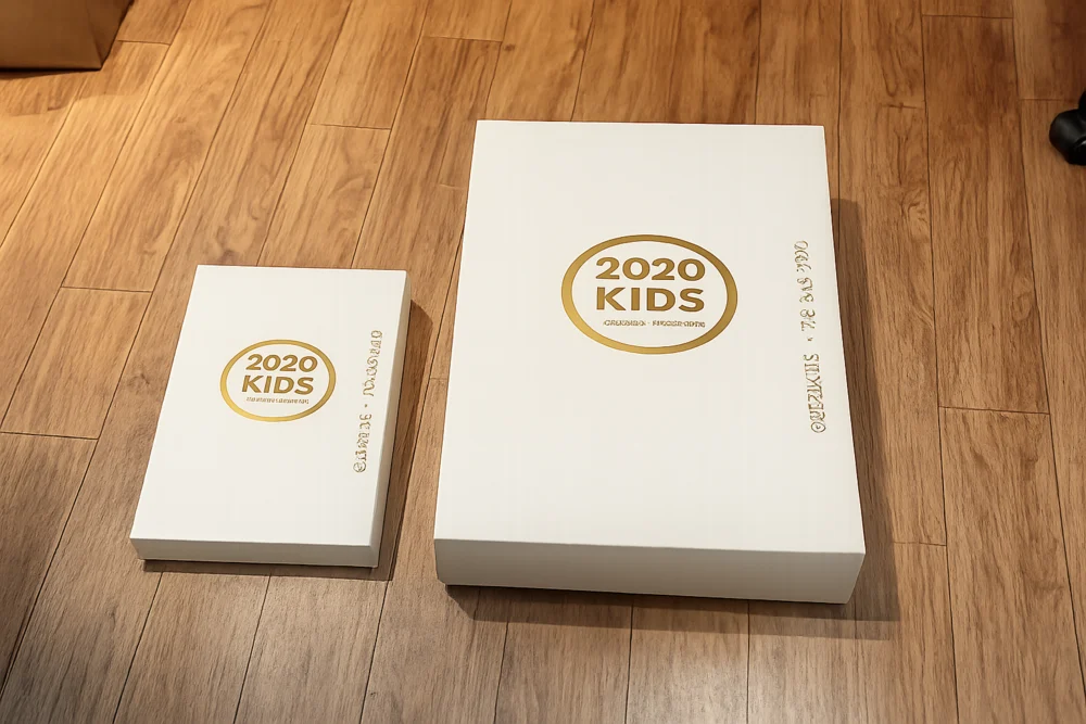 Two custom printed gift boxes with gold foil logos