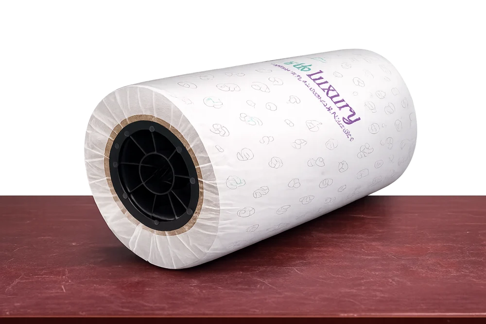 Custom printed tissue paper roll on a desk